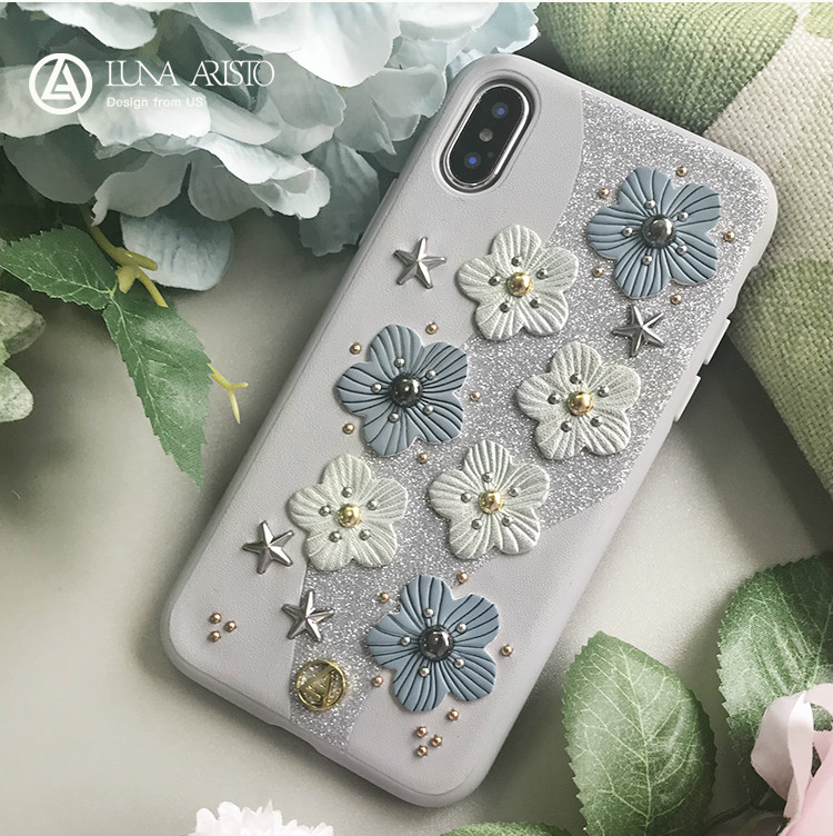 春夏向けピンク色青黒い花柄立体的お花iPhonexケースXS Plus携帯カバー革製レザー女性ソフトアイフォンX