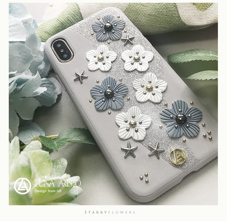 春夏向けピンク色青黒い花柄立体的お花iPhonexケース綺麗フラワーXS/XS Plusレザー女性ソフトアイフォンX
