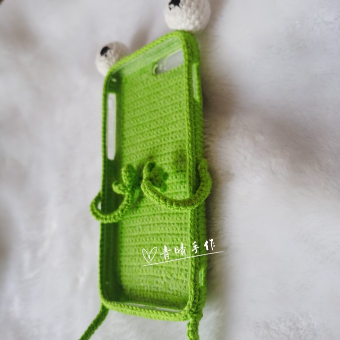 可愛いカエル緑色アイフォン12promax/11proスマホケース編み物レディース編み込みiPhone 13 Pro Maxカバー手作り